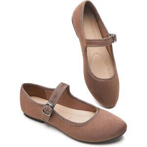 Babudog Womens Brown Faux Suede Rounded Toe Ankle Strap With Buckle Flats